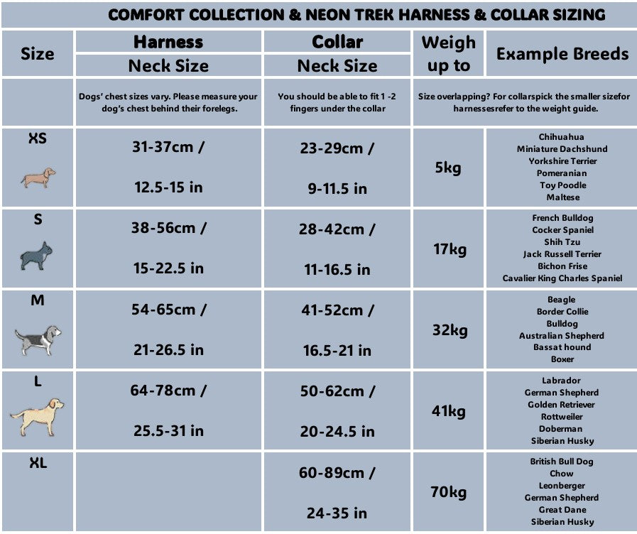 Comfort Collection & Neon Trek Collar and Harness Size Chart