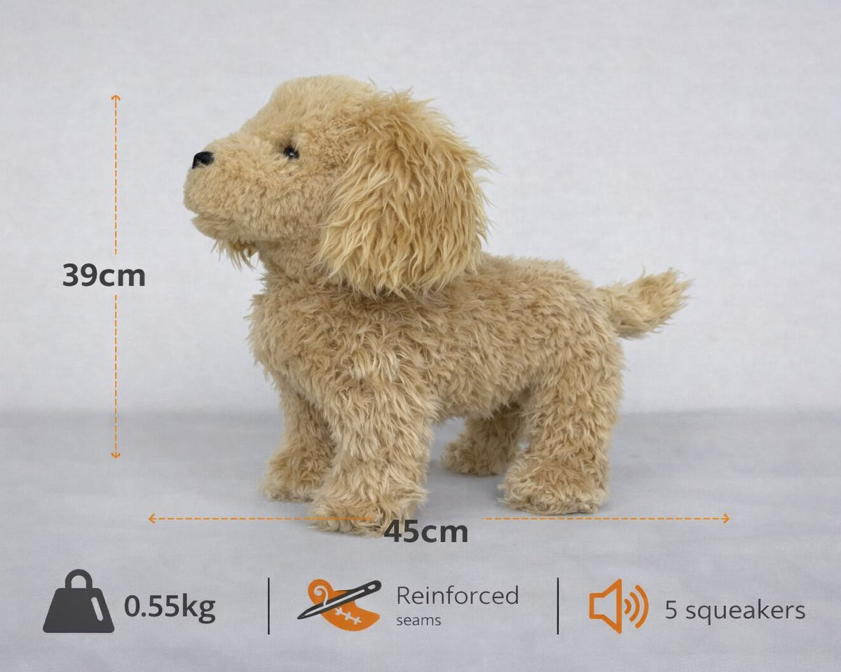 Spaniel / Labrador Plush toy dog with measurements and features on a gray background
