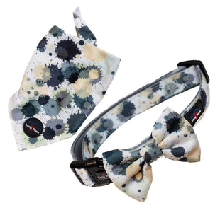 Funk the Dog Collar, Bowtie & Bandana Set | Paint Splodge Grey, Green, Yellow & White