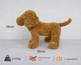 Golden Doodle dog breed shaped plush dog toy with measurements and features on a gray background