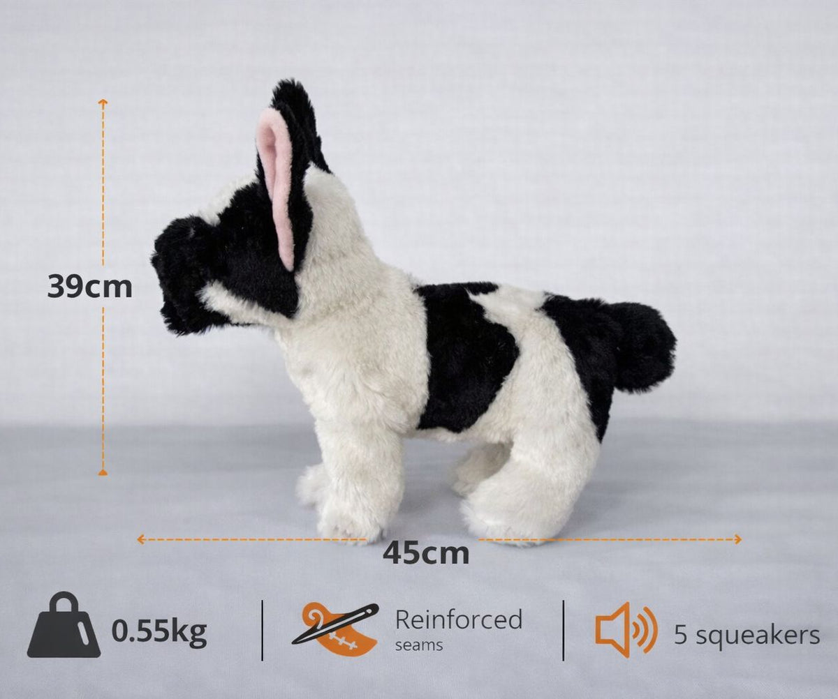 Black and white plush French Bulldog toy with measurements and features on a gray background