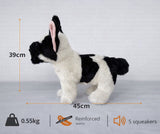 Black and white plush French Bulldog toy with measurements and features on a gray background