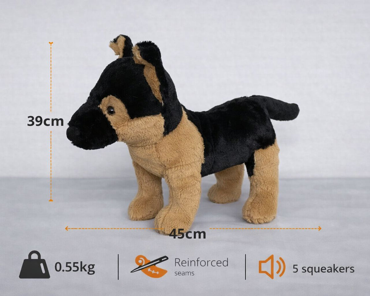 Mega Sized German Shepherd Plush Dog toy, sizing and features