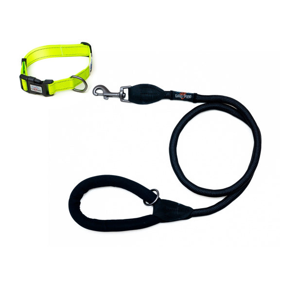 Reflective Neon Collar with Black Comfort Trigger Hook Rope Lead (120cm) Set, All Black / Neon