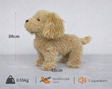 Spaniel / Labrador Plush toy dog with measurements and features on a gray background