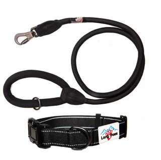 Reflective Collar with matching Black Comfort Screw Lock Rope Lead (120cm) Set, All Black