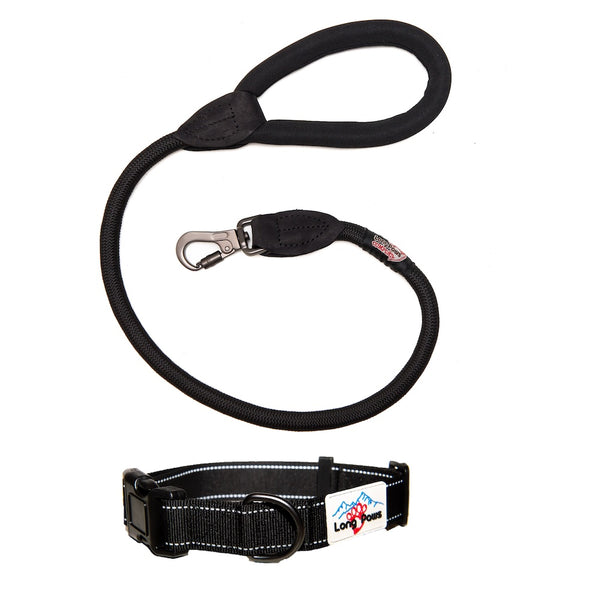 Reflective Collar with matching Black Comfort Slide Lock Rope Lead (75cm) Set, All Black