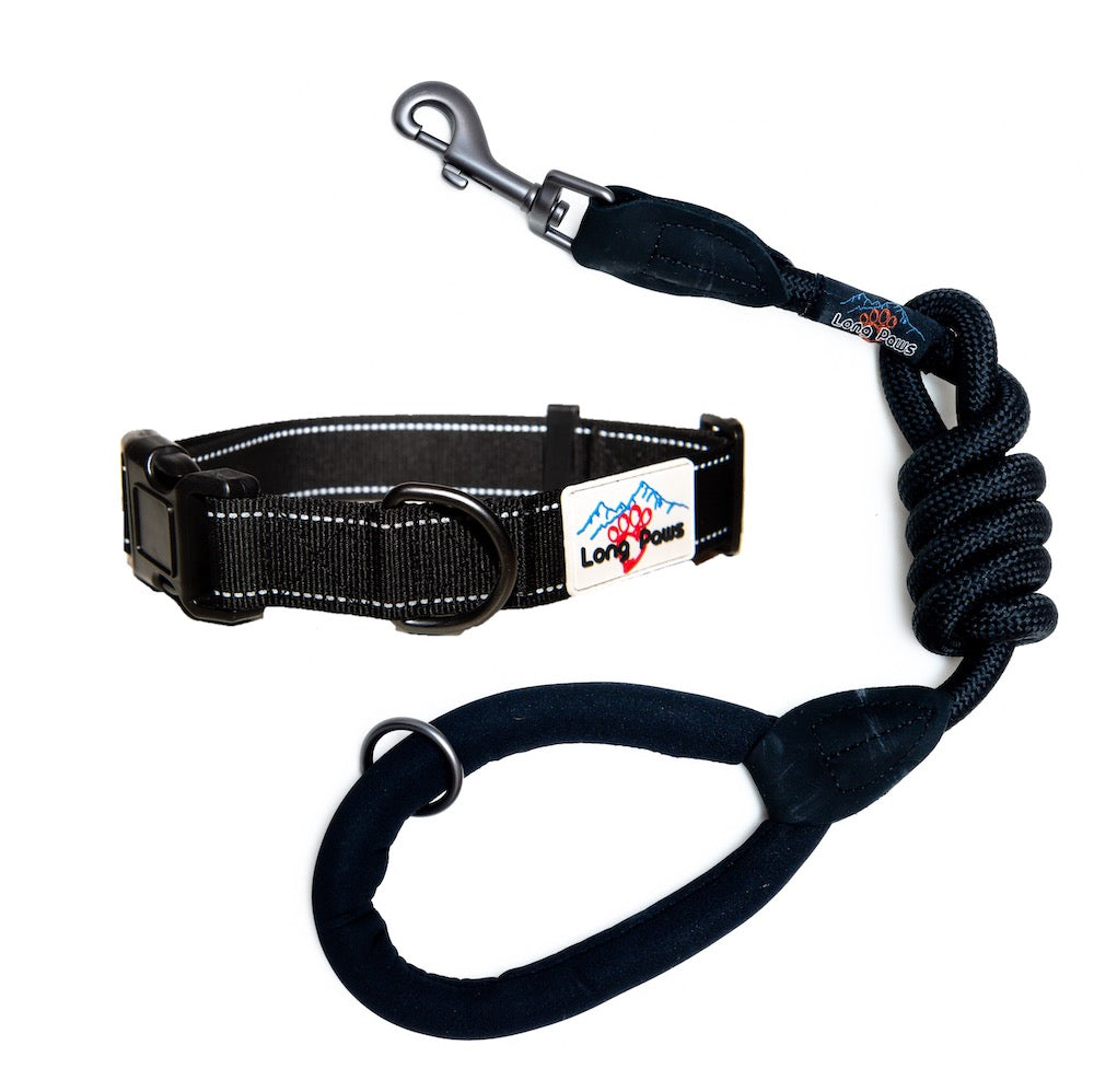 Reflective Collar with matching Black Comfort Trigger Hook Rope Lead (80/120cm) Set, All Black