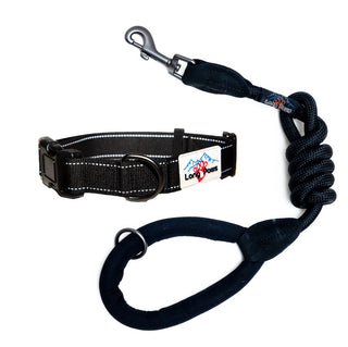 Reflective Collar with matching Black Comfort Trigger Hook Rope Lead (80/120cm) Set, All Black