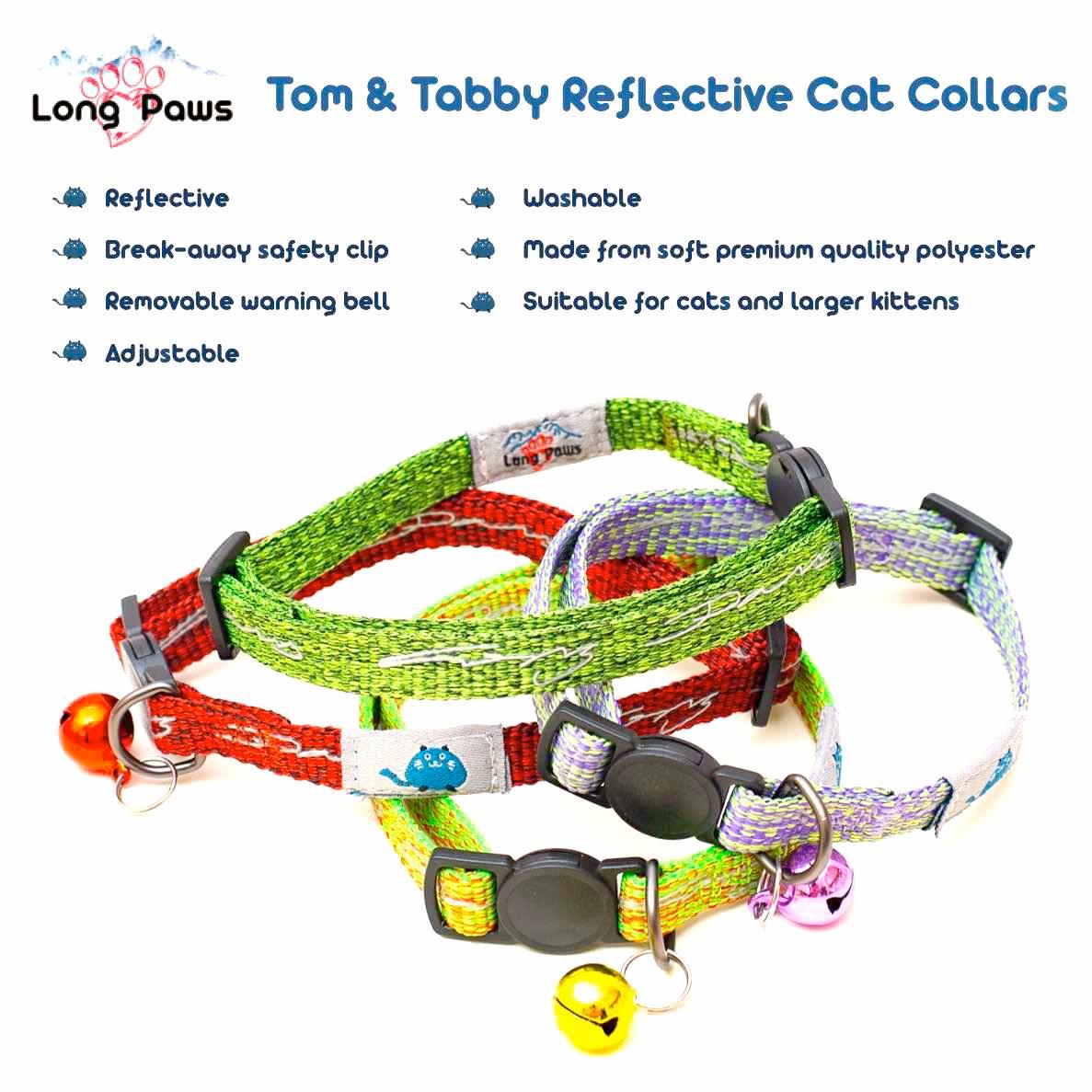 Long Paws Tom Tabby Reflective Cat Collar Green Orange