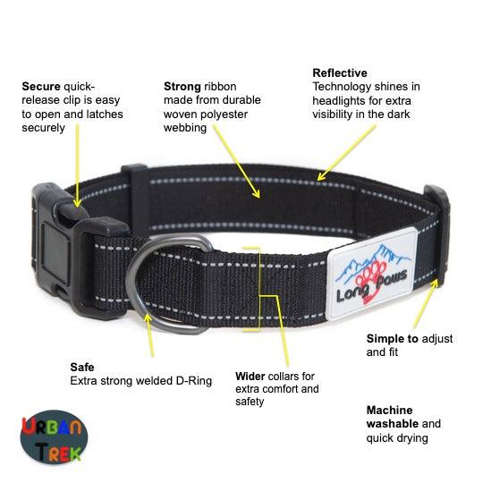 Reflective Dog Collar & Leash Set - Black - Long Paws